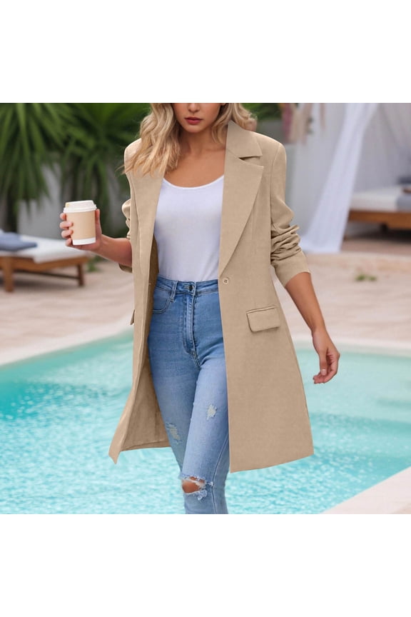 Women's Long Blazer Jacket Open Front Lapel Collar Button Dressy Work Office Casual Cardigan Style Suit Coat with Lapel Pockets
