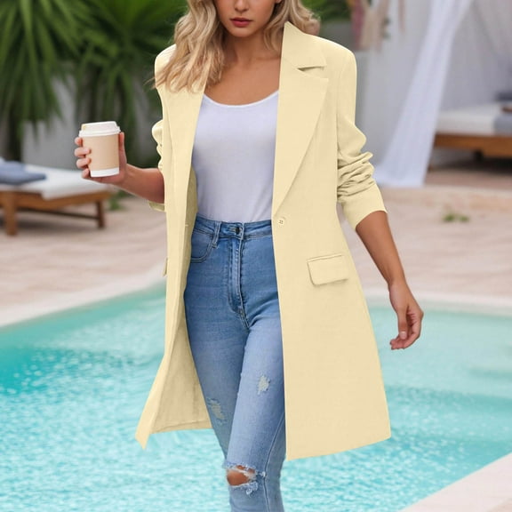Women's Long Blazer Jacket Open Front Lapel Collar Button Dressy Work Office Casual Cardigan Style Suit Coat with Lapel Pockets