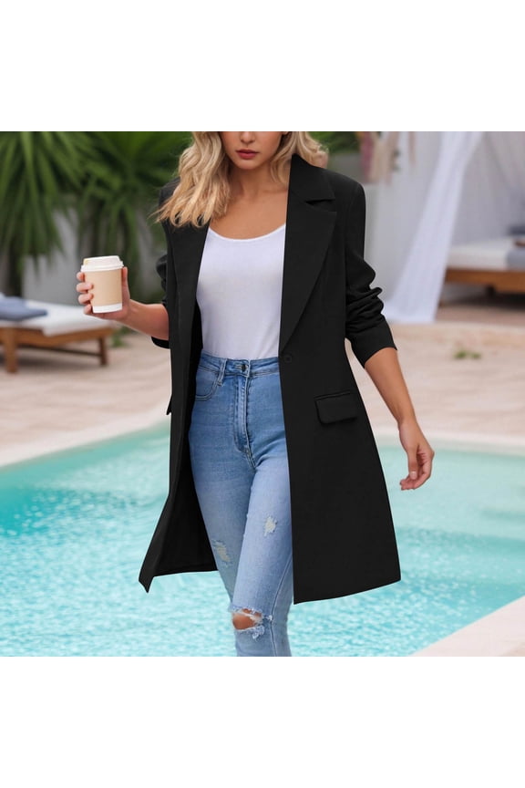 Women's Long Blazer Jacket Open Front Lapel Collar Button Dressy Work Office Casual Cardigan Style Suit Coat with Lapel Pockets
