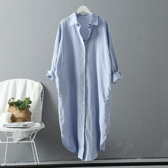 Women's Long Blouses & Shirts Cotton Oversized Shirts for Women Long Sleeve Roll-up Loose Fit Casual Shirt with Pocket Buttoned for Beach Party Blue S