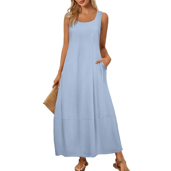 Women's Long Boho Sundress Round Neck Sleeveless Floral Print Maxi Dress Loose Fit Beach Cover-Up with Side Pockets for Resort Vacations,Light Blue S