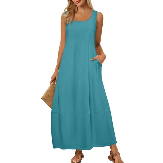 Women's Long Boho Sundress Round Neck Sleeveless Floral Print Maxi Dress Loose Fit Beach Cover-Up with Side Pockets for Resort Vacations,Turquoise L