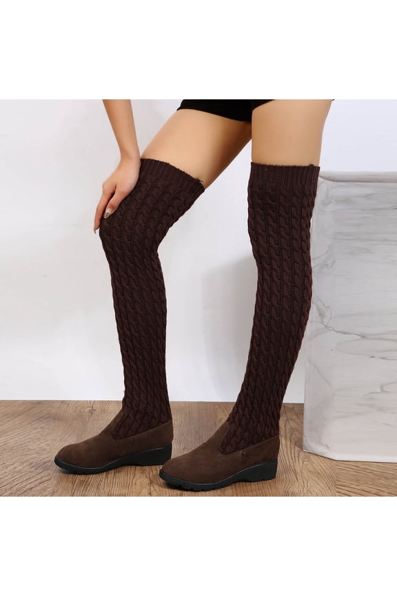 Women's Long Boots Over the Knee Knitted Fabric Thick Sole Shoes Short Boots Round Toe Comfortable Casual Boot Women Anti-Slip Rubber Grooves Middle Heels Shoes