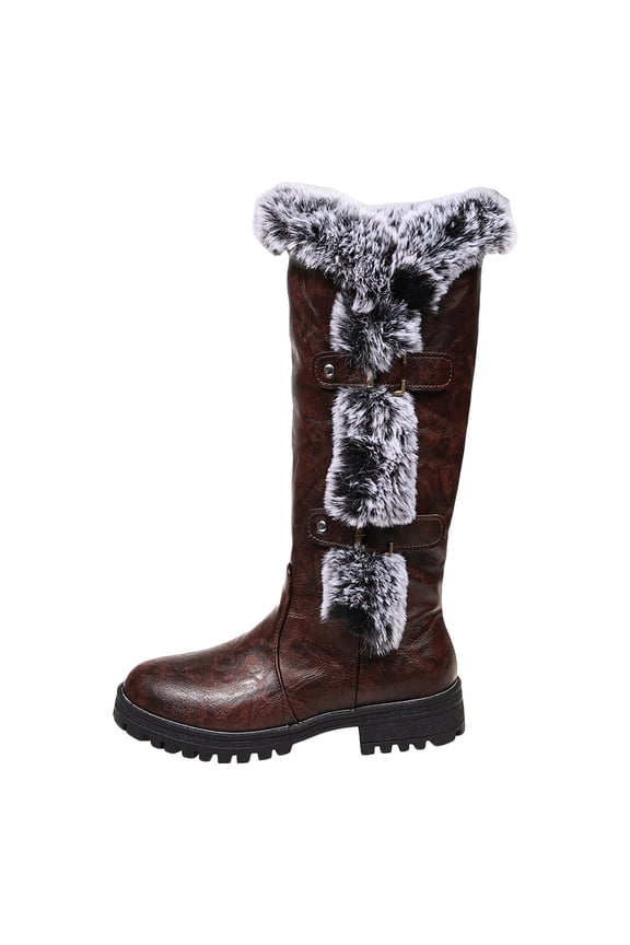 Women Winter Snow Boots Comfy Warm Fur Lined Metal Buckle Chunky Heel Mid Calf Boot