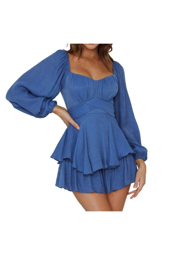 Women's Long Bubble Sleeve Romper Ruched Square Neck Tie Back Jumpsuit Layer Ruffle Hem Casual Short Rompers for Summer