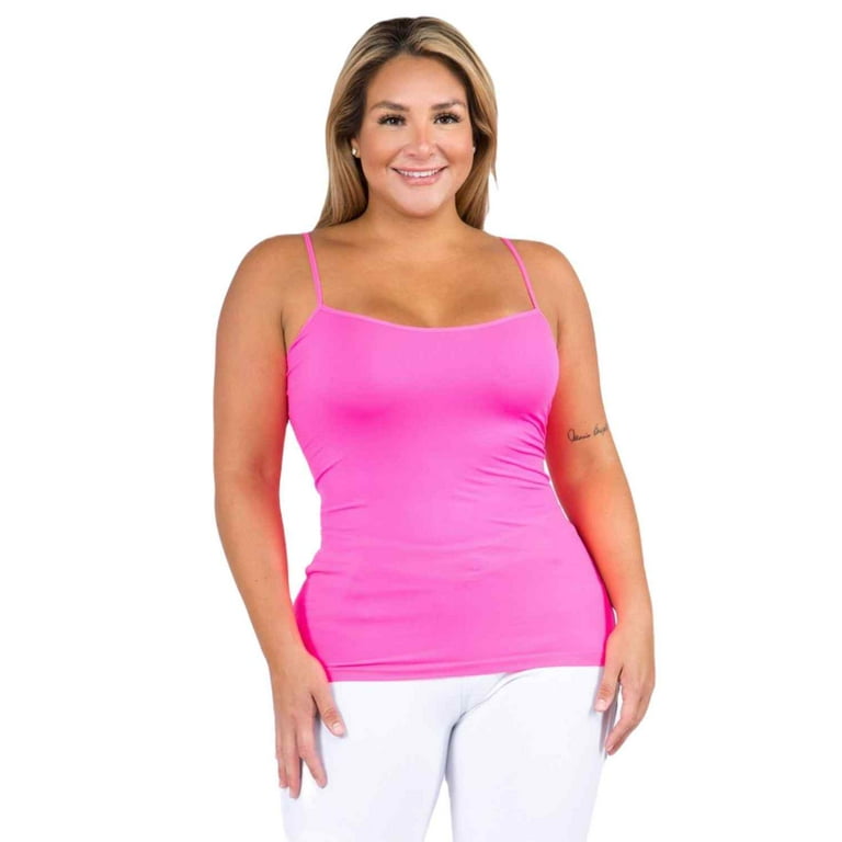 Women's Long Cami Spaghetti Strap Seamless Tank Top, Neon Pink, Plus Size