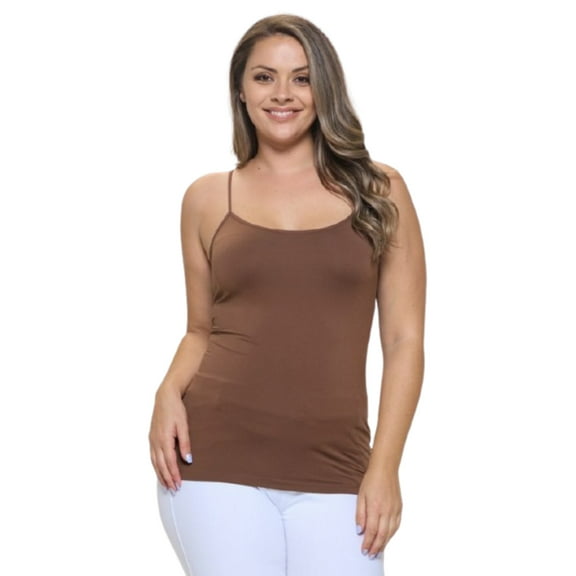 Women's Long Camisole Spaghetti Strap Seamless Tank Top, Coffee, Plus Size