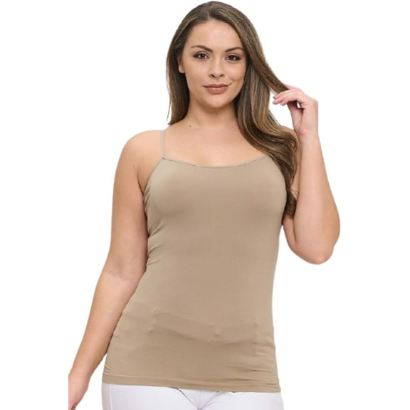 Women's Long Camisole Spaghetti Strap Seamless Tank Top, Light Mocha, Plus Size