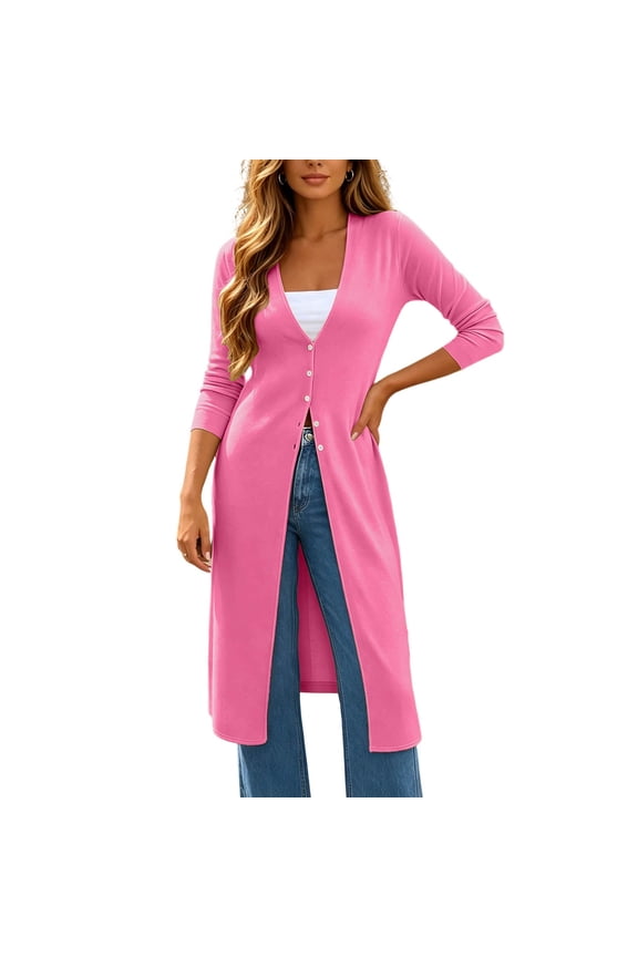 Women's Long Cardigan Lightweight Knit Duster Coat V Neck Button Up Sweater Dress Pink S