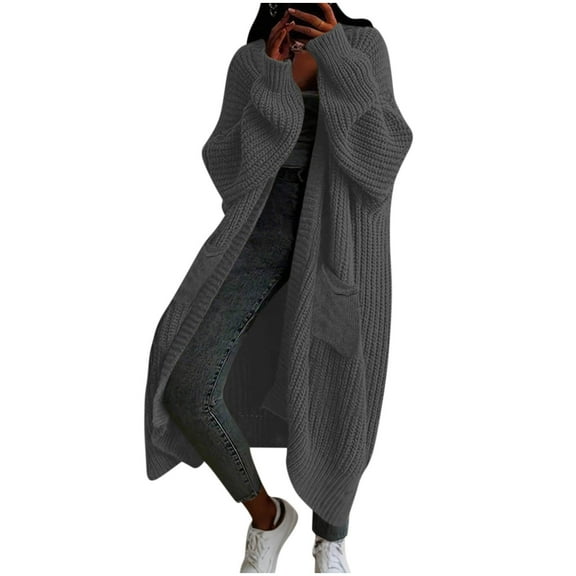 Women's Long Cardigan Sweater Cable Knit Long Sleeve Coat with Pockets Dark Gray XL