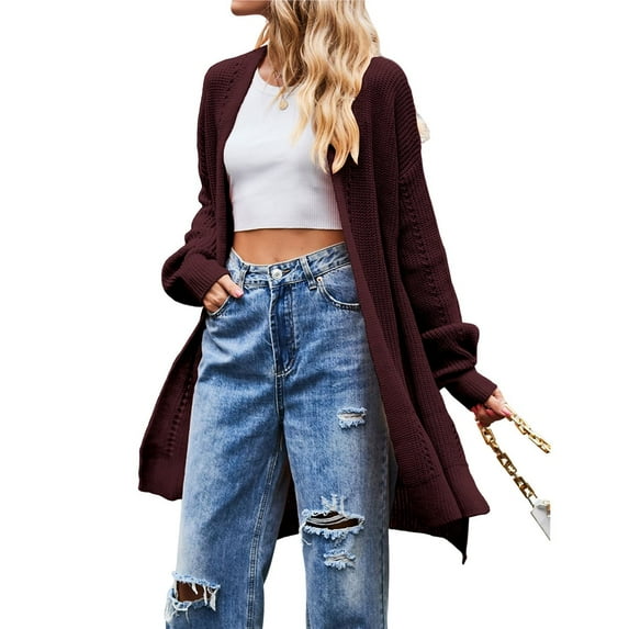 Women's Long Cardigan Sweaters Open Front Oversized Duster for Women Wine Red XL