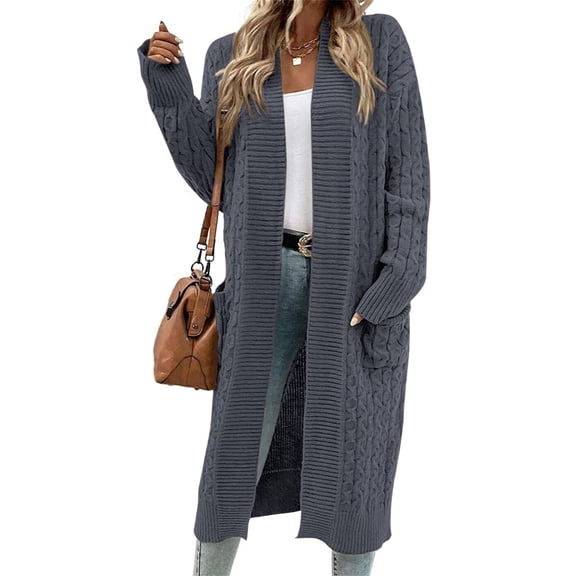 Women Long Cardigans Cable Knit Open Front Long Sleeve Sweater Coats with Pockets