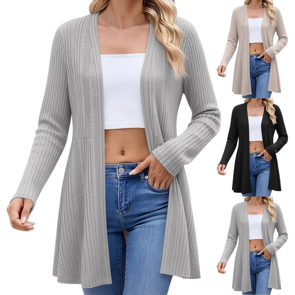 Women's Long Cardigans Lightweight Ribbed Knit Open Front Sweater Coat Soft Stretch Outerwear Casual Loose Fall Cover Up White