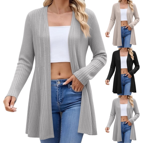 Women's Long Cardigans Lightweight Ribbed Knit Open Front Sweater Coat Soft Stretch Outerwear Casual Loose Fall Cover Up White