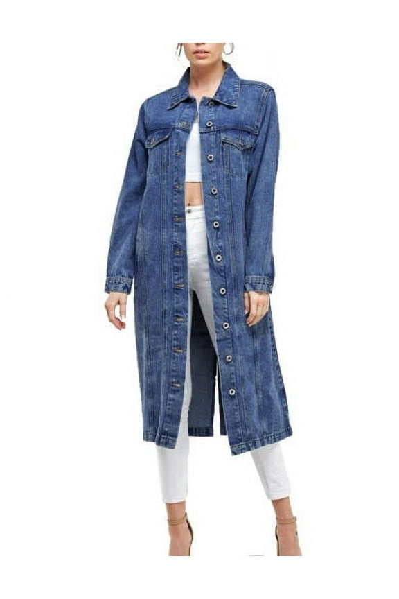 Women's Long Casual Maxi Length Denim Cotton Coat Oversize Button Up Jean Jacket (Dark Blue, M)