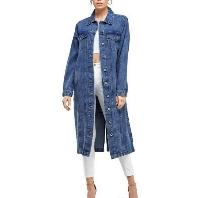 Women's Long Casual Maxi Length Denim Cotton Coat Oversize Button Up Jean Jacket (Dark Blue, S)