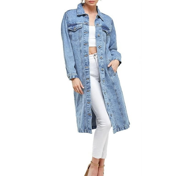 Women's Long Casual Maxi Length Denim Cotton Coat Oversize Button Up Jean Jacket (Light Blue, M)