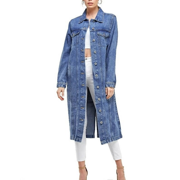 Women's Long Casual Maxi Length Denim Cotton Coat Oversize Button Up Jean Jacket (Medium Blue, XL)
