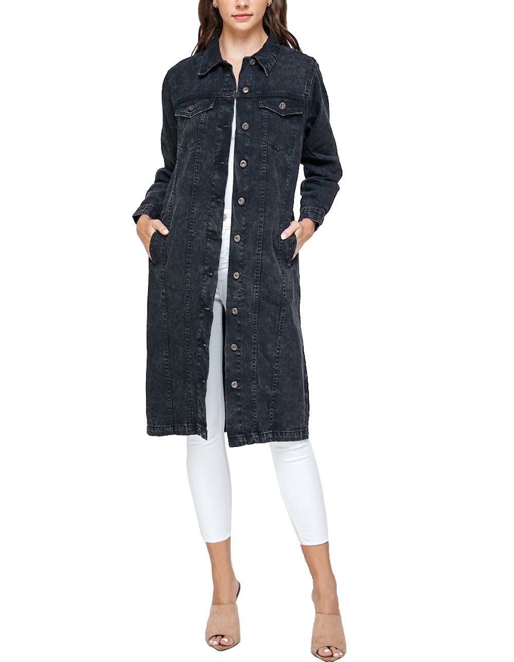 Women's Long Casual Maxi Length Denim Cotton Coat Oversize Button Up Jean Jacket (Mineral Black, M) - image 1 of 6