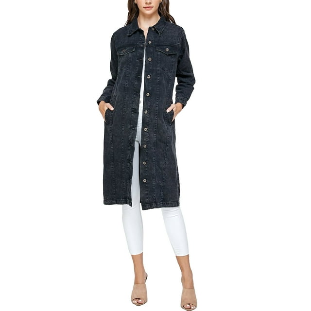 Women's Long Casual Maxi Length Denim Cotton Coat Oversize Button Up Jean Jacket (Mineral Black, M)