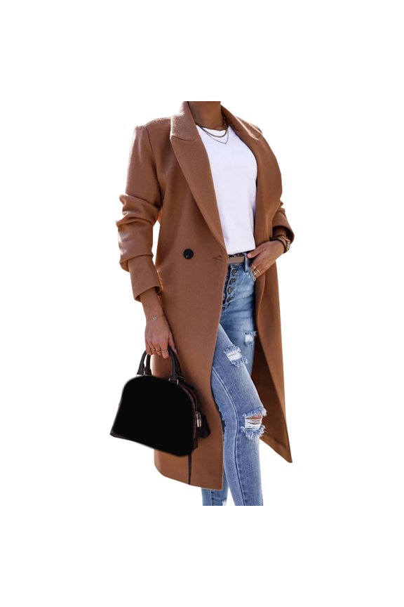 Women's Long Coat Fall Winter One Button Closure Lapel Jacket Loose Fit Solid Color Overcoat for Office Casual Wear