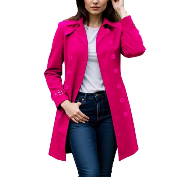 Women's Long Coat Winter Double Breasted Collared Jackets Heavyweight Long Sleeve Solid Color Trendy Outfits Hot Pink XL