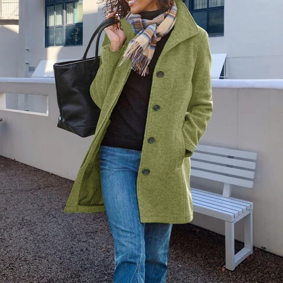 Women's Long Coats Single Breasted Pea Coat Winter Casual Blazer Jacket Trench Coat Green M
