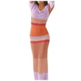 thumbnail image 1 of Women's Long Contrast Color One Shoulder Off Shoulder Hollow Beach Long Sleeved Knitted Striped Dress Engagement Photo Dresses Women Knit Dress Tan Slim Sweater Womens Holiday Wrap Dress Dresses for, 1 of 8
