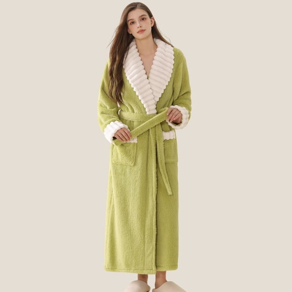 Women's Long Coral Fleece Bathrobe for Autumn and Winter, Thickened and Warm Homewear