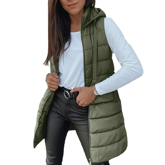 Women's Long Cotton Vest Jacket - Sleeveless, Hooded, with Zipper, Solid Color, Casual Warm, Suitable for Autumn & Winter, Army Green, Size M