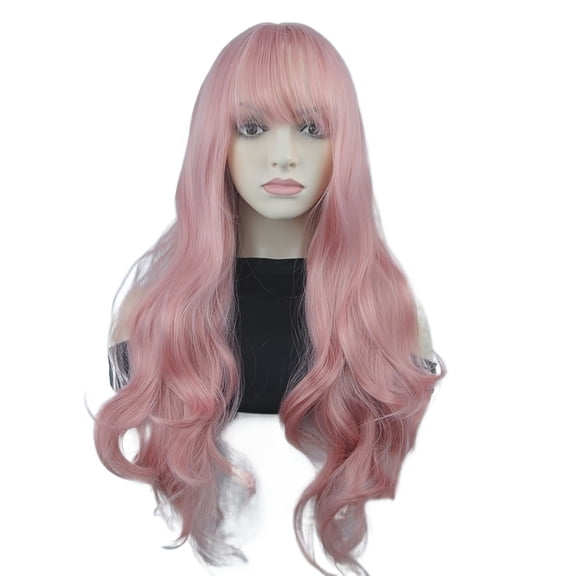 Women's Long Curly Pink Hair Wig with Straight Bangs for Cosplay and Parties - Stunning and Playful Look