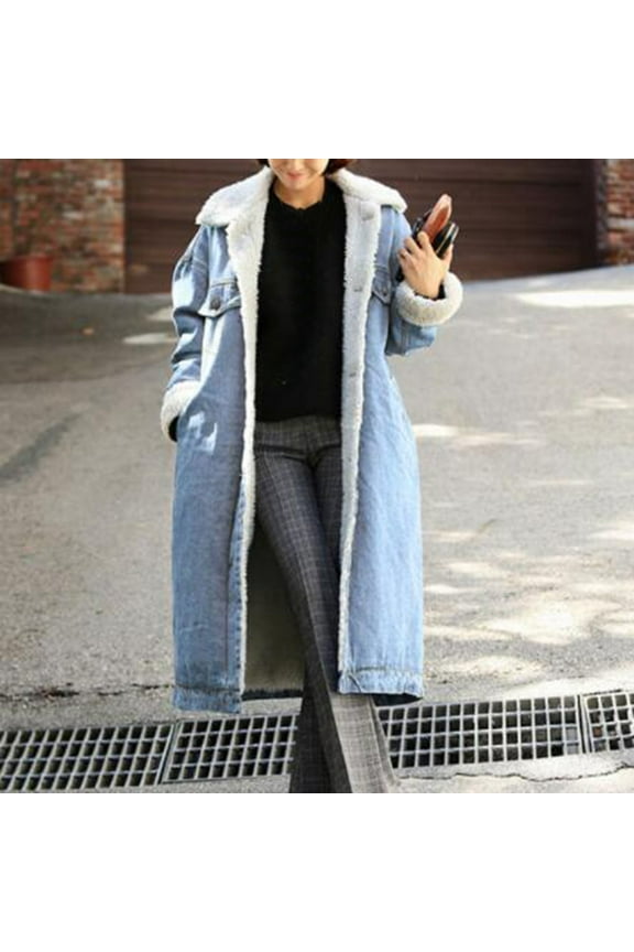Women's Long Denim Coat, Sherpa Lined Jean Jacket, Oversized Lapel Button Front Coat, Long Sleeve Winter Coat, Casual Street Style Jacket Blue M