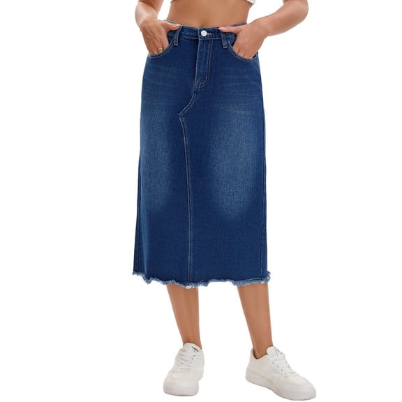 Women's Long Denim Skirt Elastic Waist Split Back Pockets Maxi Jean Skirts L Deep Blue