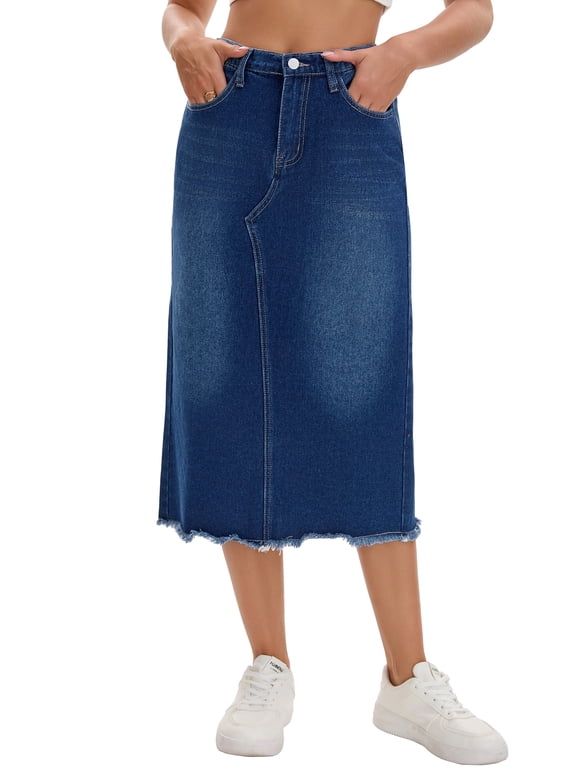 Women's Long Denim Skirt Elastic Waist Split Back Pockets Maxi Jean Skirts L Deep Blue