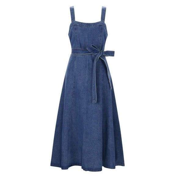 Women's Long Denim Strap Dress - Elastic Polyester/Spandex, Adjustable Straps, Suitable for All Seasons, Party/Dating/Casual Occasions