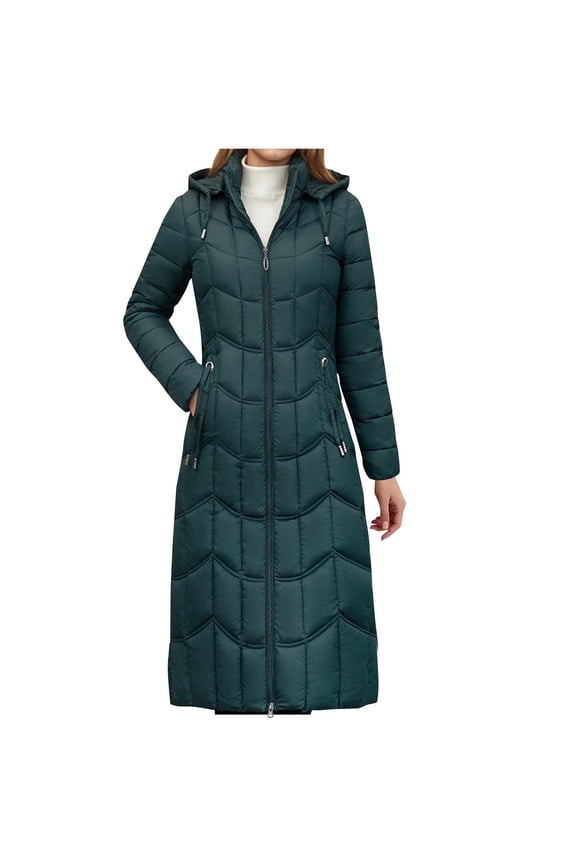 Women's Long Down Coat, Full Zip Hood Parka, Quilted Puffer Coat, Winter Trendy Trench Coats, Thickened Down Alternative Jacket(Green,XXXL)