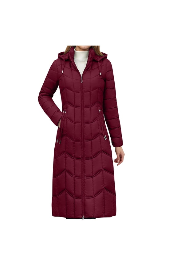 Women's Long Down Coat, Full Zip Hood Parka, Quilted Puffer Coat, Winter Trendy Trench Coats, Thickened Down Alternative Jacket(Wine,XXXL)