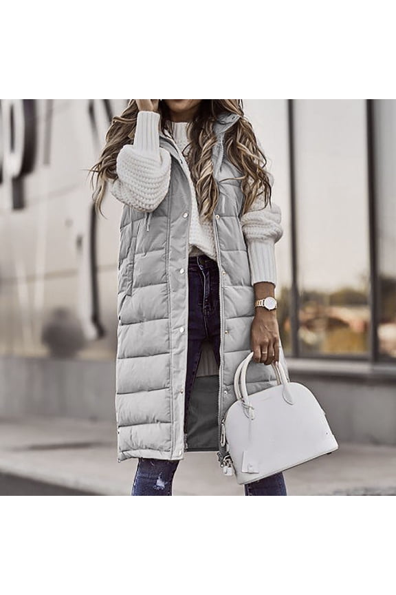 Women's Long Down Vest Sleeveless Hooded Jacket Plus Size Winter Warm Slim Zipper Coats Outdoor Puffer Quilted Vest