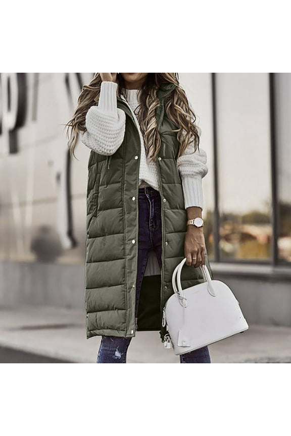 Women's Long Down Vest Sleeveless Hooded Jacket Plus Size Winter Warm Slim Zipper Coats Outdoor Puffer Quilted Vest