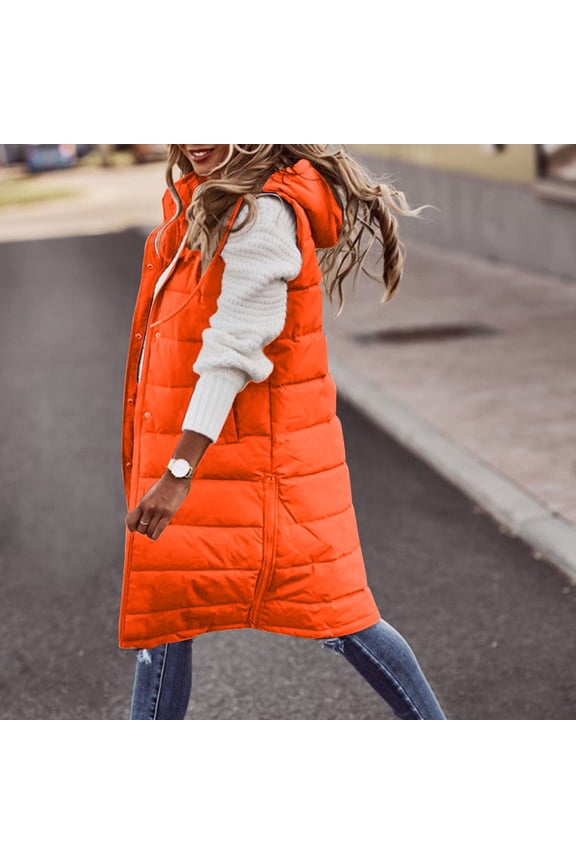 Women's Long Down Vest Sleeveless Hooded Jacket Plus Size Winter Warm Slim Zipper Coats Outdoor Puffer Quilted Vest