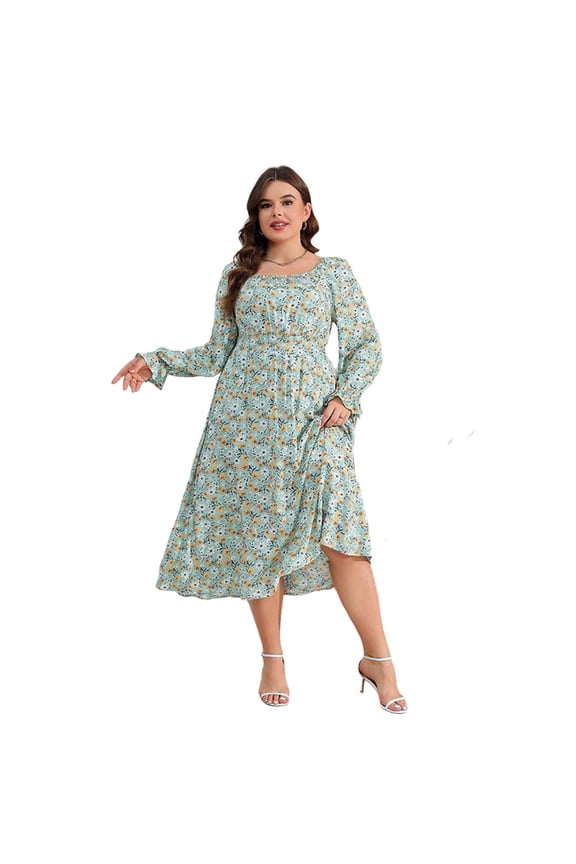 Women's Long Dress Full Sleeve Crewneck Floral Pattern Ruffle Hem Skirt Green 2XL