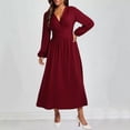 thumbnail image 1 of Women's Long Dress V Neck Lantern Long Sleeve Solid Color Smocked Waist Holiday Evening Party Wedding Guest Dresses for Women, 1 of 7