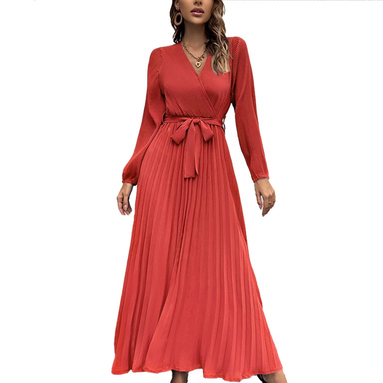 Women's Long Dress V Neck Long Sleeve Pleated A Line Skirt Lantern