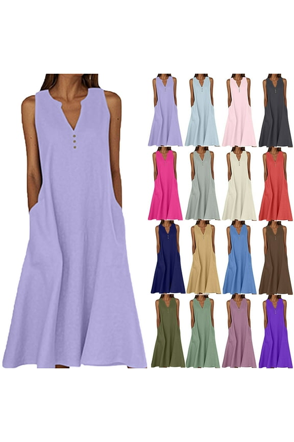 Women's Long Dresses Summer Sundress Sleeveless V-Neck Long Maxi Dress Casual Beach Dress with Pockets Plus Size Party Club Fancy Wear