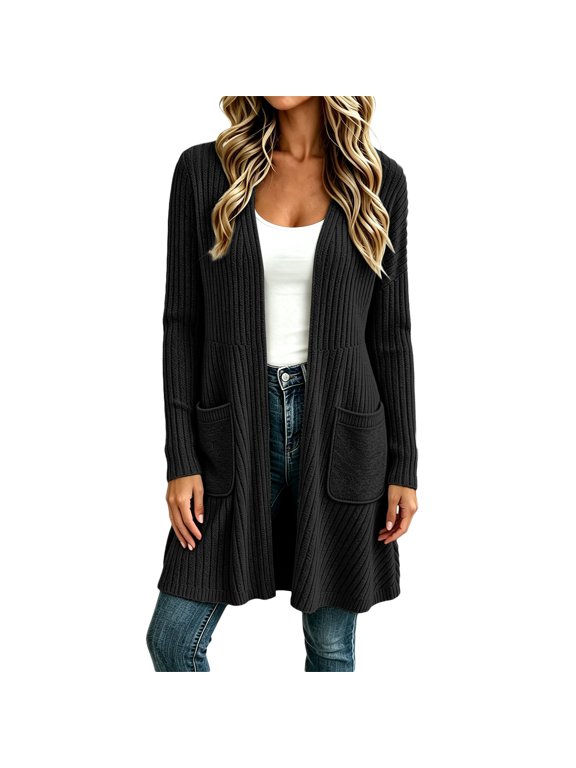 Women's Long Duster Cardigan Open Front Ribbed Knit Sweater With Pockets Casual Loose Long Sleeve Outerwear for Everyday(Black,XL)