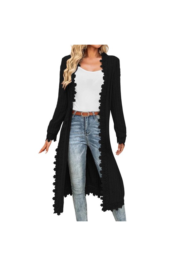 Women's Long Elegant Cardigan, Solid Color Lace Trim Open Front, Casual Boho Chic Cover Up, Mid Length Lightweight Layer, Spring Autumn Duster Coat Black XXL
