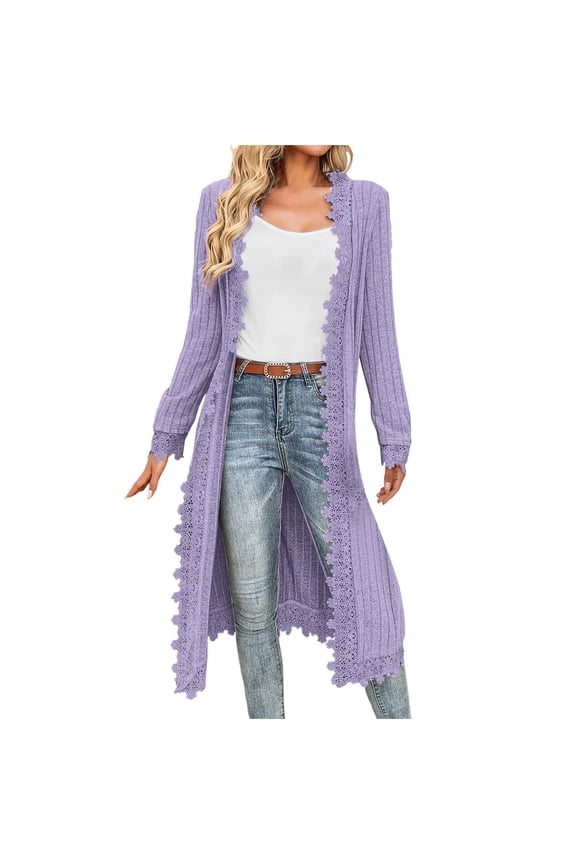 Women's Long Elegant Cardigan, Solid Color Lace Trim Open Front, Casual Boho Chic Cover Up, Mid Length Lightweight Layer, Spring Autumn Duster Coat Purple XXL