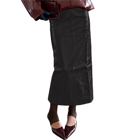 Women's Long Elegant Glossy Faux Leather Slim Fit Skirt for Autumn and Winter Brown M