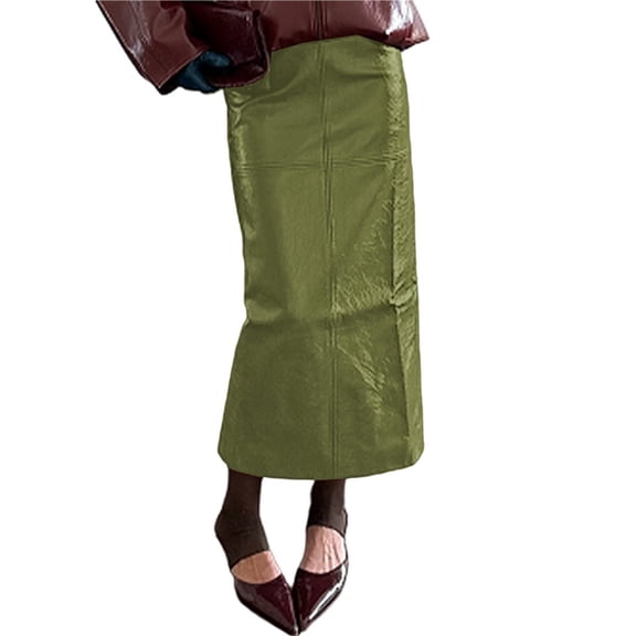 Women's Long Elegant Glossy Faux Leather Slim Fit Skirt for Autumn and Winter Green M
