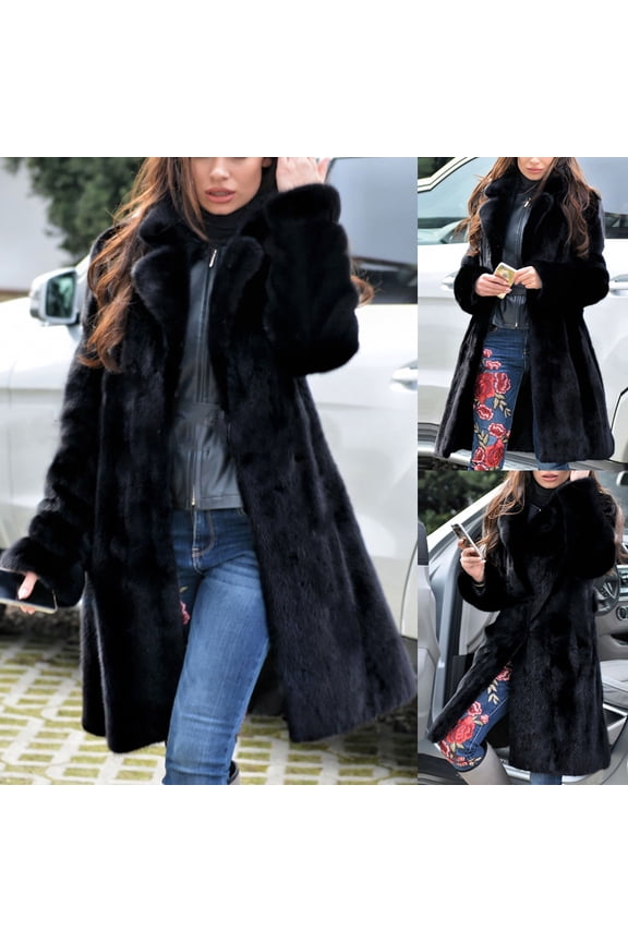 Women's Long Faux Fur Coat, Solid Color Plush Jacket, Casual Luxe Outerwear, Knee Length Coat, Fall Winter Layer, Elegant Trench Coat Alternative Black L